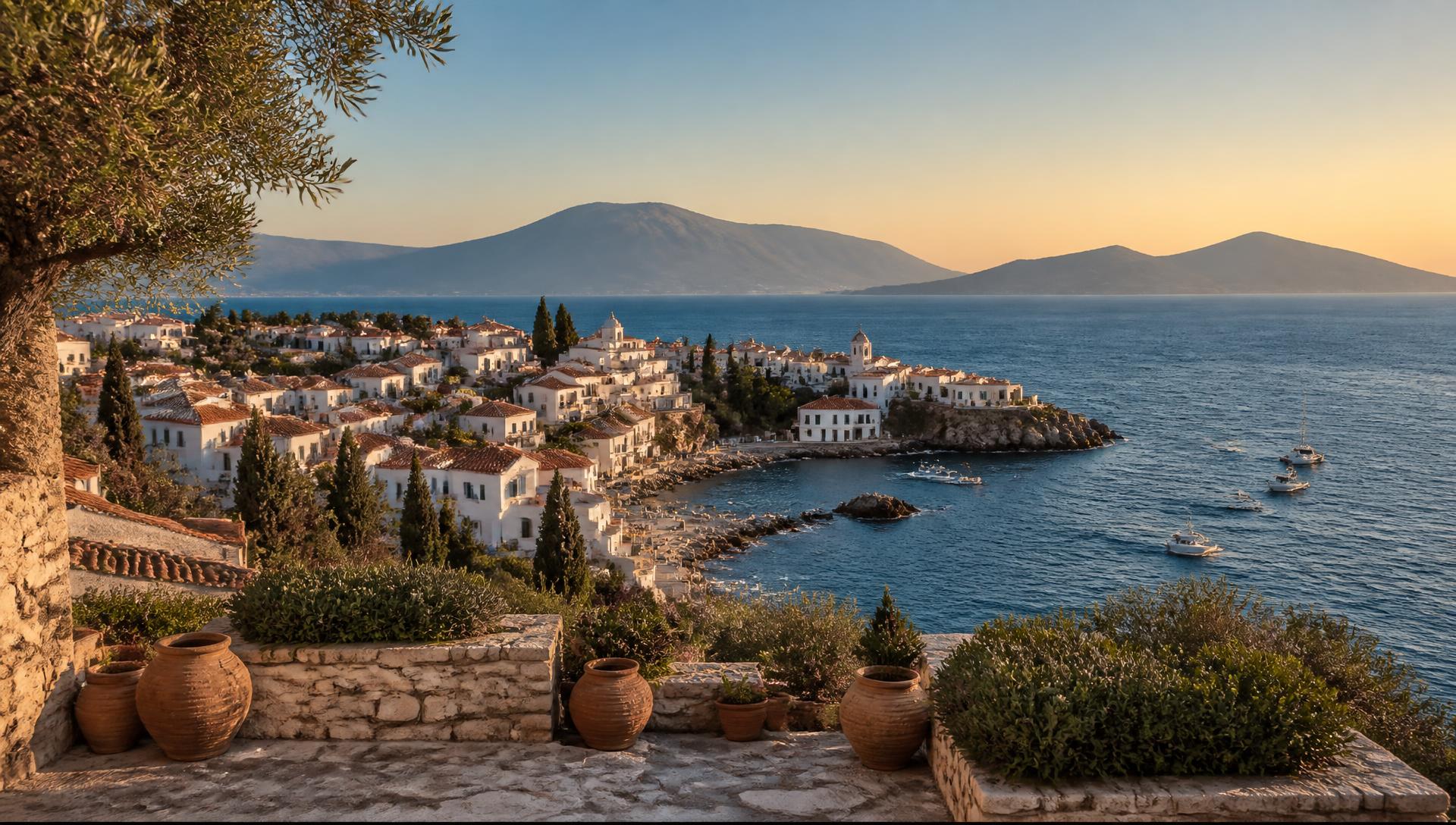 Greek coastal town at golden hour